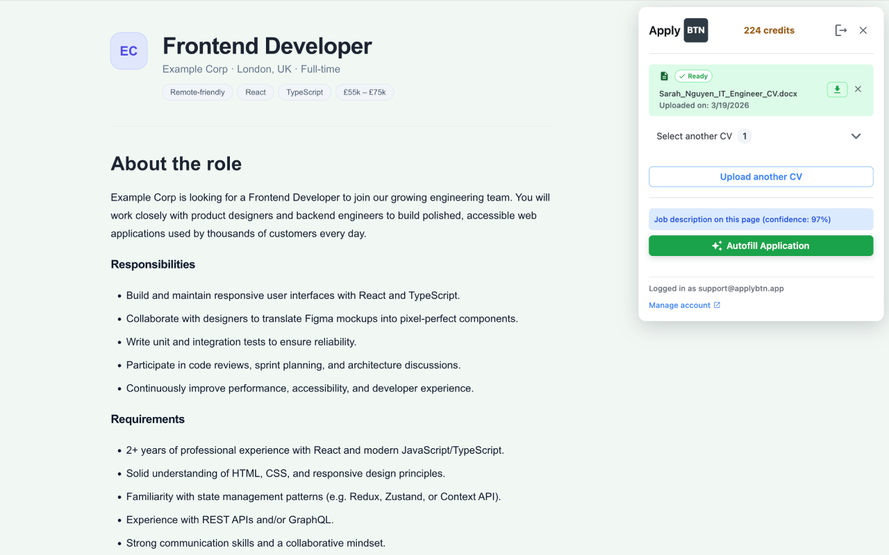 ApplyBtn opens on a job application form and detects fields automatically
