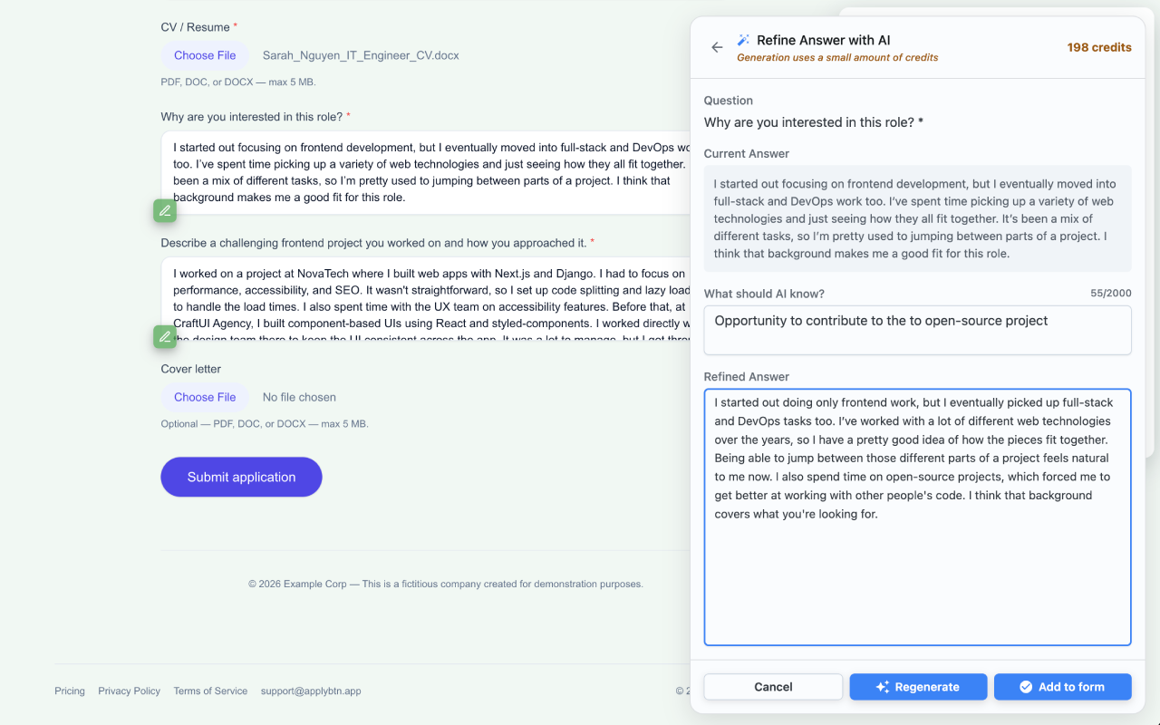 AI generates a tailored answer for an open question with an edit option